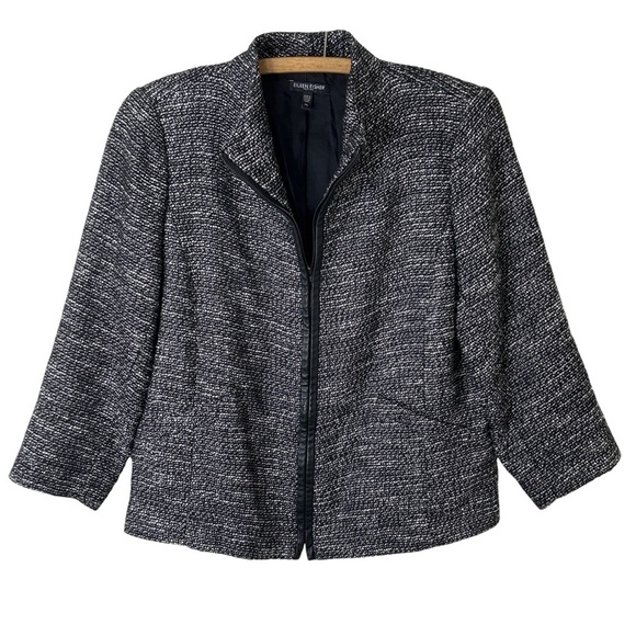 EILEEN FISHER Black White Tweed Zippered Leather Trim Jacket Size Petite Large - Picture 1 of 16